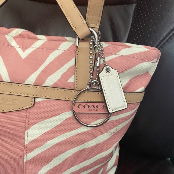 PINK/WHITE CANVAS COACH ZEBRA STRIPE TOTE - Picture 2 of 4